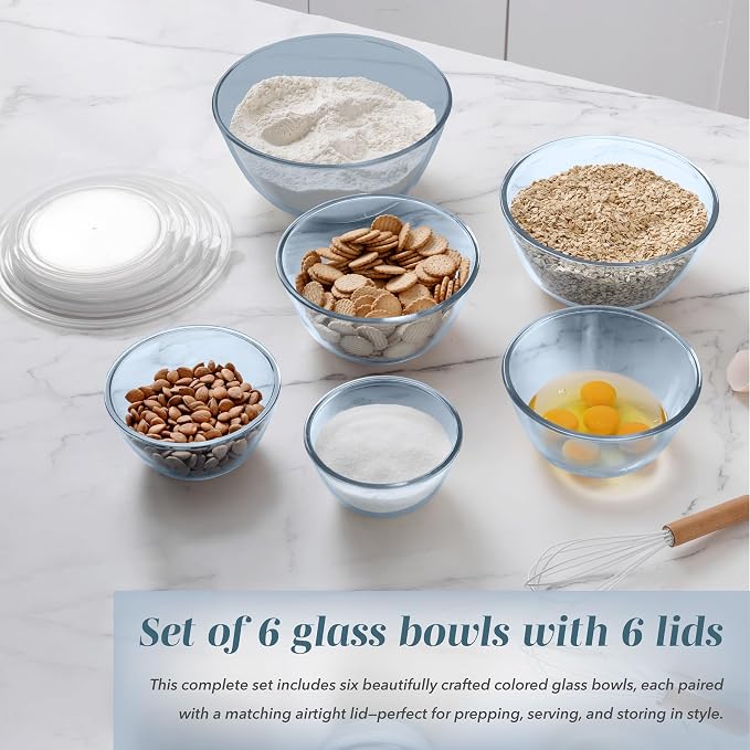 COOK WITH COLOR 12 Pc Glass Mixing Bowl Set with Lids – Borosilicate Glass Nesting Bowls for Cooking, Baking and Meal Prep, Colored Blue - Image 5