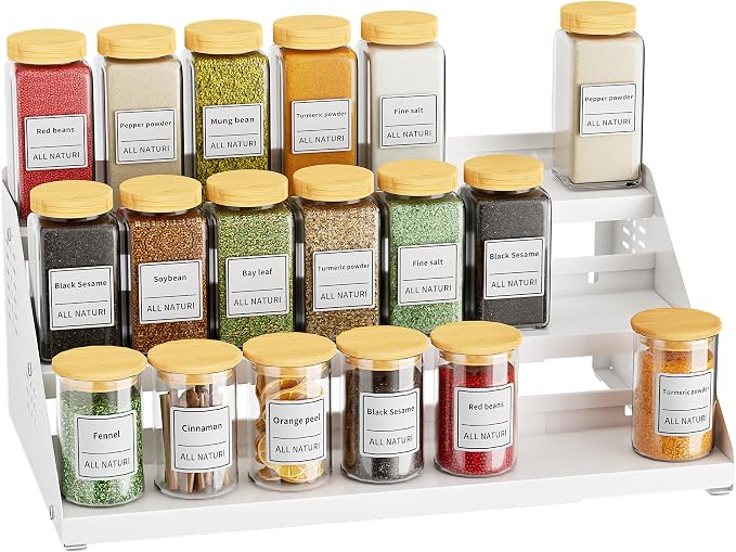BOIVSHI Seasoning Organizer, 3 Tiered Spice Rack for Cabinet, White | Spice Organization for Cabinet - Expandable Width & Adjustable Height, Metal Spice Organizer for Cabinet, Countertop, Pantry by BOIVSHI
