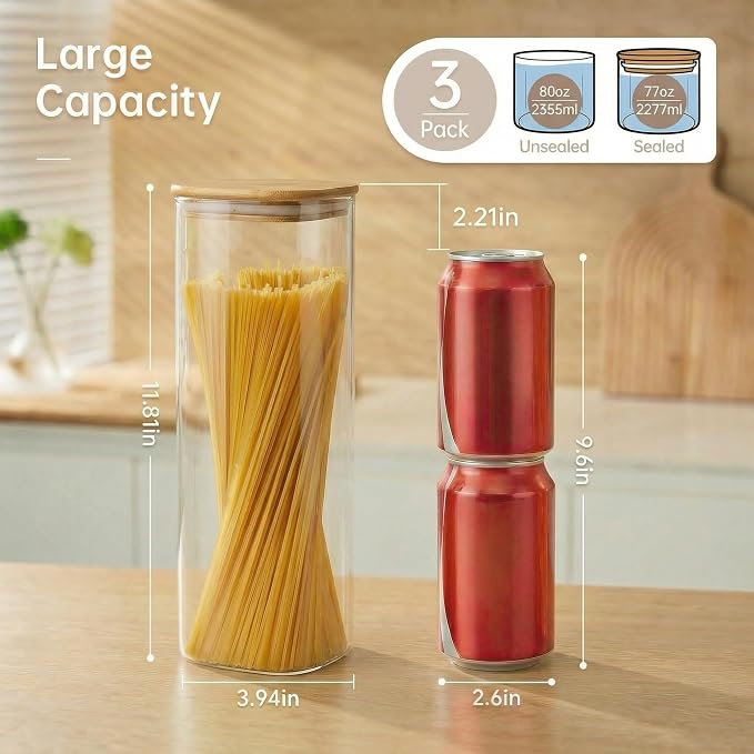 HomArtist Square Glass Jars with Bamboo Lids 79 FL OZ [Set of 3], Glass Canisters with Airtight Lid, Glass Food Storage Containers for Spaghetti, Fettuccine, Linguine,Pasta, Best for Kitchen & Pantry - Image 3