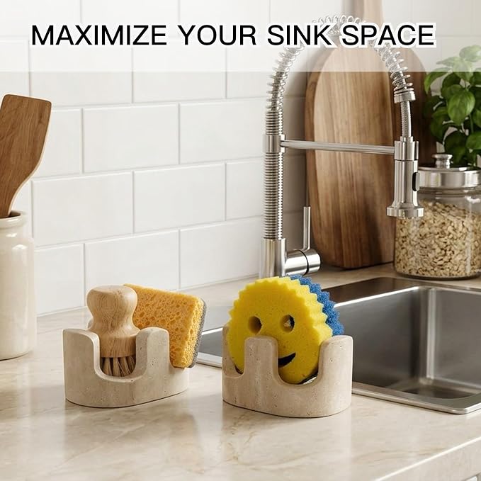 Travertine Sponge Holder for Kitchen Sink, 2-in-1 Sponge & Brush Holder, 2 Slot Natural Stone Sink Caddy for Countertop, Keeps Countertops Dry, Non-Slip Base, Elegant Kitchen Decor, Beige - Image 6