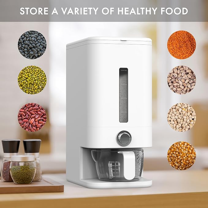 Rice Dispenser - 26.5 lbs Rice Storage Container with Measuring Cup, Rice Scoop & Sponge – Large Cereal Grain Bucket with Scale for Kitchen Pantry Organization, BPA-free, Airtight (White) - Image 2