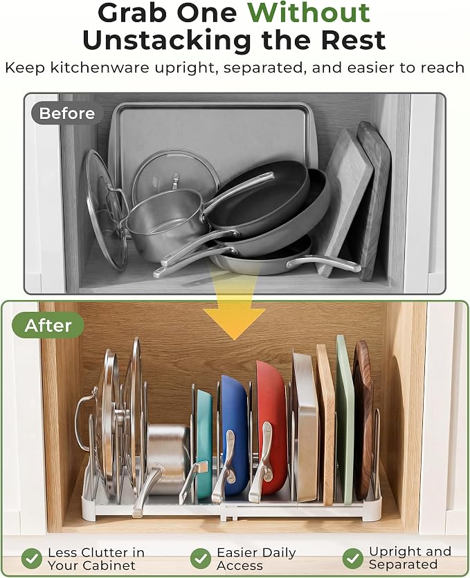 EVERIE Adjustable Bakeware Organizer Pot Lid Holder Rack for Pots, Cake Molds, Cutting Boards, Mats, Cookware, GS02SS, Pack of 2 - Image 8