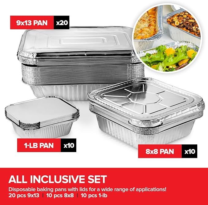 Stock Your Home Disposable Foil Pans with Lids (Set of 40) Heavy Duty Aluminum Pans with Lids (20) 9x13, (10) 8x8, (10) 1-Lb Baking Tins with Covers for Cooking, Heating, Storing, Holiday Dinner Meals - Image 2