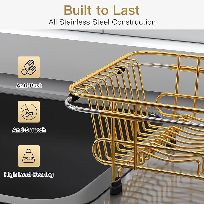 JASIWAY Gold Dish Drying Rack in Sink with Utensil Holder, RV, Apartment | Over Sink Expandable Stainless Steel Dish Drainers for Compact Kitchen, Space Saving, Fast Drain, Rustproof, For 1-2 people - Image 7