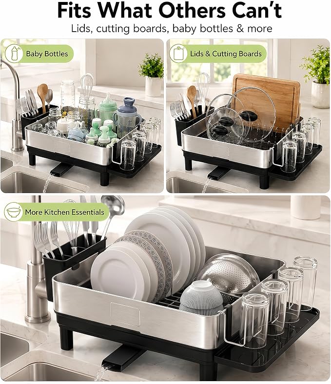 Dish Drying Rack, 17-Inch Dish Drainer for Countertop, Stainless Steel | 4-Way Adjustable Drainage Spout, Removable Cup & Chopstick Holder, Tool-Free Setup, Rustproof Utensil Holder for Kitchen Sink - Image 6