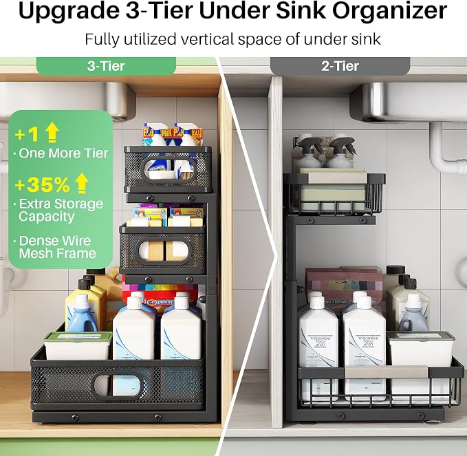 Kitstorack Under Sink Organizer, 2-Pack 3-Tier Height Adjustable Thickened Metal Pull out Cabinet Organizer Shelf, Slide out Storage Drawer Rack for Bathroom Kitchen Pantry Home Laundry Organization - Image 4