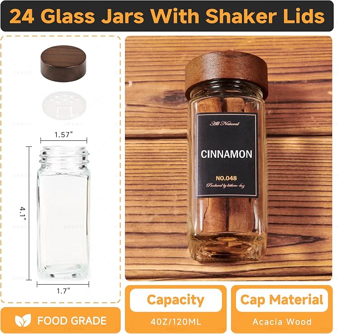 4-Tier Wall Mount Spice Rack Organizer with 24 Glass Jars, 216 Labels & Funnel - Screw/Adhesive Mount, Black Metal & Wood Spice Storage for Kitchen Pantry Cabinet, 11.6”L x 2.4”W x 3.2”H - Image 5