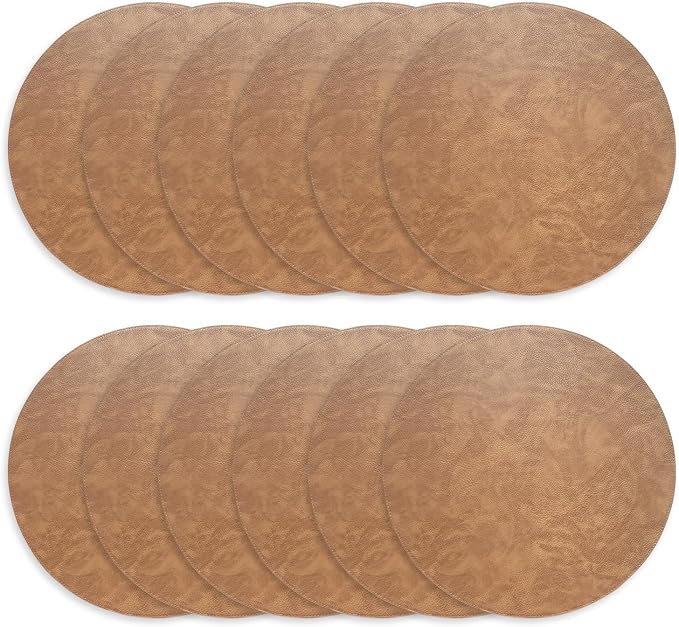 Morgan Faux Leather Round Set of 12 Placemats, 15", Camel, Heat Resistant, Stain Resistant, Non-Slip, Reversible, Durable Table Mats for Kitchen, Dining Table, Indoor Washable Use - Image 2