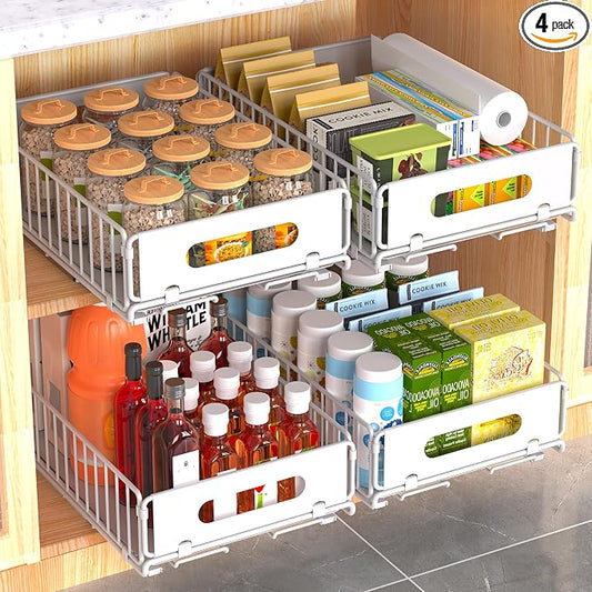 4 Pack Pull Out Cabinet Organizer, Heavy Duty Slide Out Drawer with No Drill Adhesive or Screw Mount, Carbon Steel Roll Out Shelf for Kitchen Cabinet, Pantry & Bathroom Storage by NECHEGI