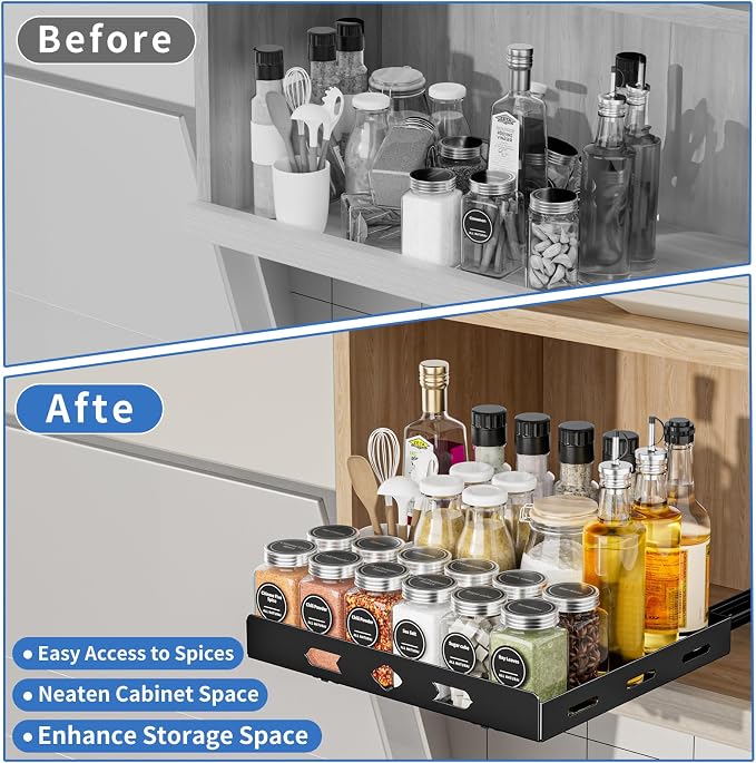 BOIVSHI 1 Tier Pull Out Spice Rack for Cabinet, 12.6" Wx10.5 Dx2.8 H | Metal Heavy Duty Spice Rack Easy to Assembly, Spice Organizer to Save Cabinet Space, Metal Noise-Free Sliding Seasoning Rack - Image 2