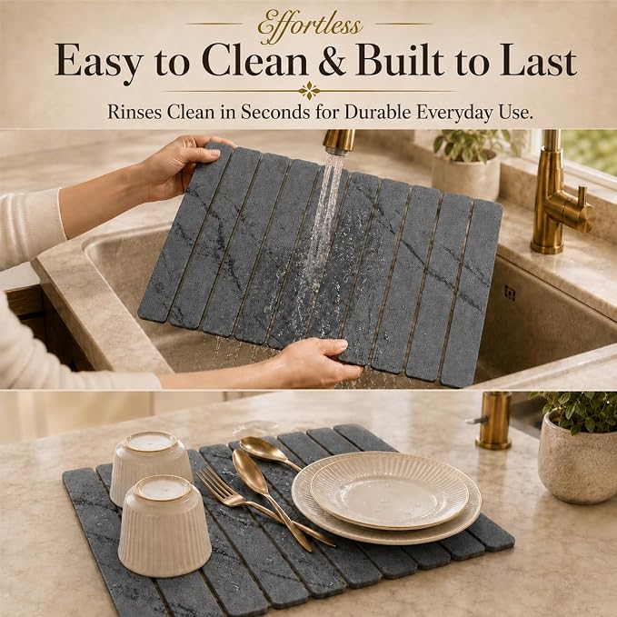 2 PCS Large Stone Dish Drying Mat for Kitchen Counter, 24" x 16" Diatomaceous Earth Dish Mat with 8" x 4" Coaster, Quick Dry Foldable Absorbent Mat for Dishes, Cups, Bottles (Dark Gray) - Image 6