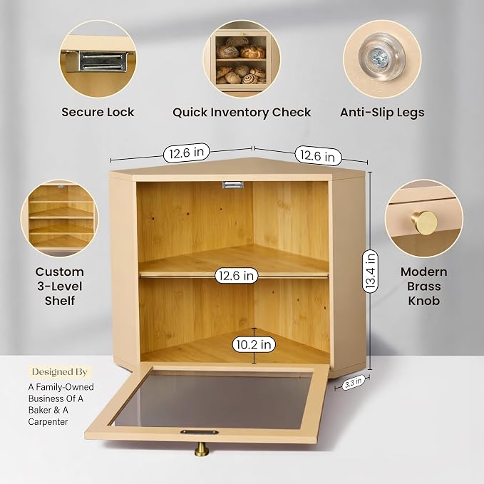 2 Tier Corner Bread Box for Kitchen Countertop, Cream | Space-saving, food-safe bamboo corner countertop cabinet featuring a modern brass knob & controlled airflow. - Image 2