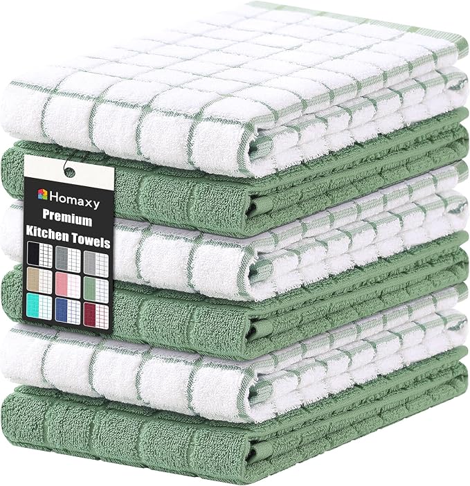 Homaxy Large Premium Cotton Kitchen Towels 16"x 28", 6 Pack, Grass Green | Natural Ring Spun 390 GSM Dish Towels, Super Absorbent Terry Kitchen Hand Towels, Soft Tea Towels with Hanging Loop by Homaxy