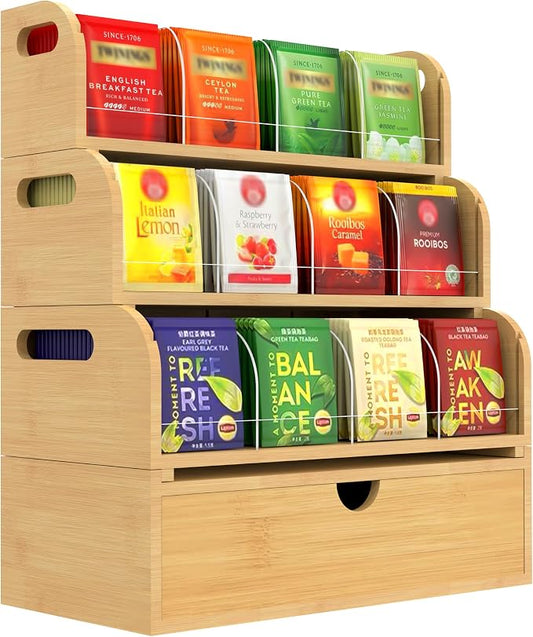 Bamboo Tea Bag Organizer for Coffee Bar, 4 Tier Modular Tea Organizer with Drawer, Large Capacity Tea Storage Box, Stackable Tea Station Organizer, No Assembly, Kitchen Counter by ARFETIGO
