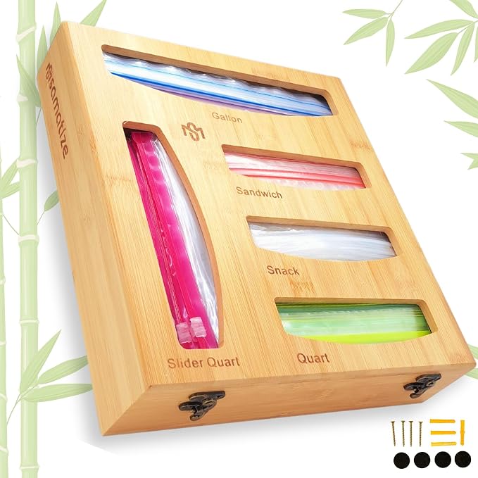 Storage Bag Holder, Baggie Organizer for Drawer or Wall Mount, Compatible with Gallon, Quart, Sandwich, Snack Size Bags, 1 Box 5 Slots, Bamboo Drawer Organizer, Baggie Holder by SAMATIZE