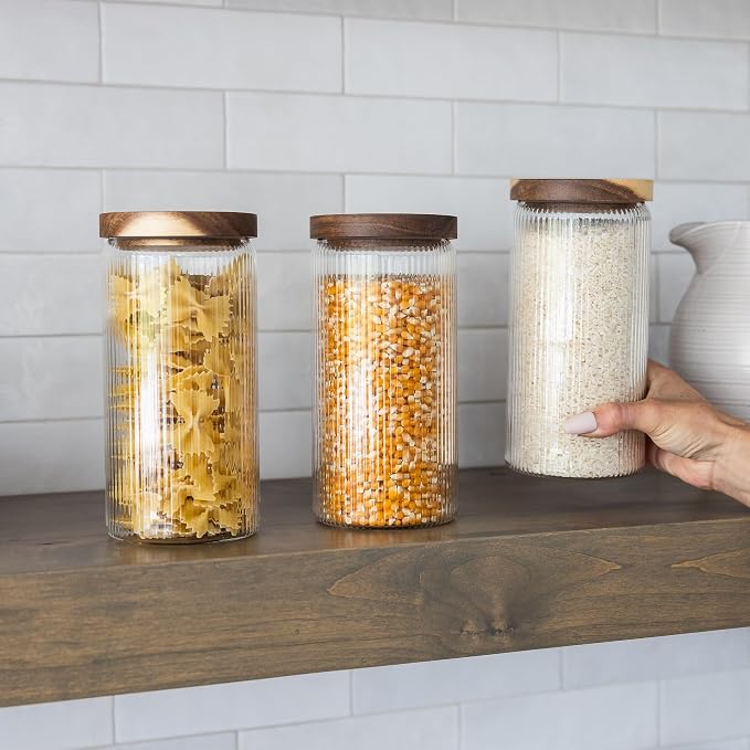 Ribbed Glass Jar with Wooden Lid 16.9oz / 27oz | Airtight Fluted Storage Container for Food, Pasta, Coffee, Candy, Dog Treats, Snacks | Canisters for Home & Kitchen (44 fl.oz / 1300ml -3X) - Image 2