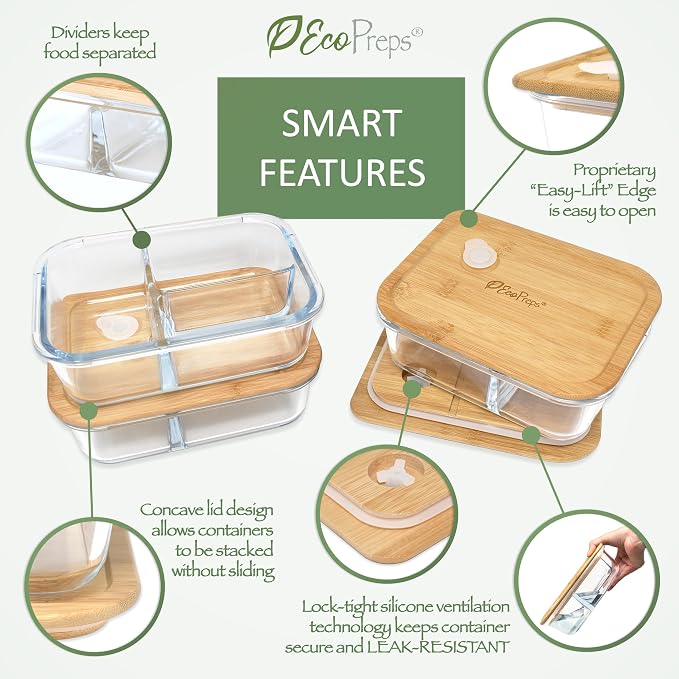 Glass Bento Box Containers with Bamboo Lids, 3 Compartment Glass Meal Prep Containers (3 Pack) - 100% Plastic Free, Eco-Friendly Lunch Container Set, Bamboo Lid Bento Boxes for Adults - Image 4