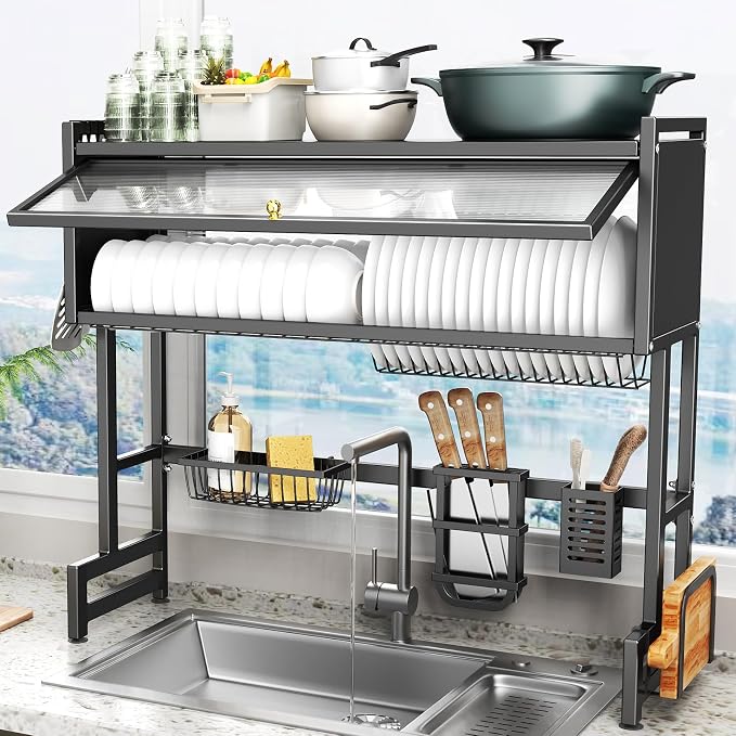 Over The Sink Dish Drainer Drying Rack 3 Tiers with Cover, Keep Kitchen Sink Shlef Organized Space-Saving Dish Drying Rack, Large Stainless Steel Sink Drying Rack for Dishes, Bowls, Cutlery (33.4"W) - Image 2