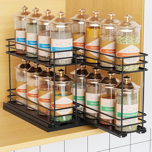 Mystozer Pull Out Spice Rack Organizer for Cabinet, Slide Out Spice Racks, Easy to Install, 7.08" Wx10.43 Dx8.26 H, 2 Drawers 2 Tiers(Black) by Mystozer
