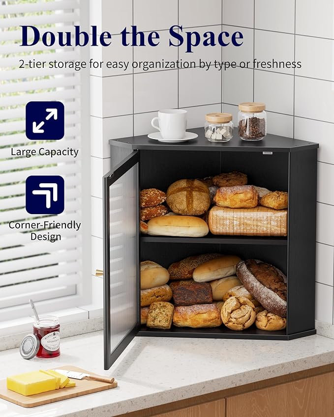 Kitsure Wooden Corner Bread Box for Kitchen Countertop, Large, Black | 2-Tier Bread Container with Magnetic Acrylic Door, Kitchen Counter Organizer for Snacks, Loaves,, Homemade Bread Storage - Image 3