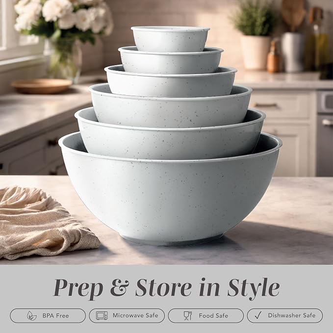 COOK WITH COLOR Mixing Bowls with TPR Lids - 12 Piece Plastic Nesting Bowls Set includes 6 Prep Bowls and 6 Lids, Microwave Safe Mixing Bowl Set (Speckled White) - Image 3