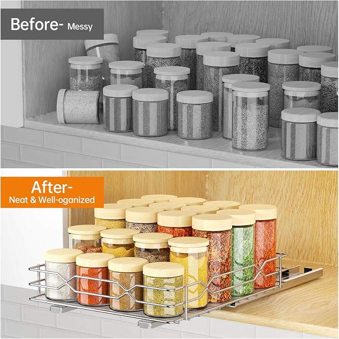Pull Out Spice Rack Organizer for Cabinet, Chrome, 8.5"W x 10.5"D x 2.5"H | Slide Out Design, No Drill Asembly, Fits Spices, Bottles & Jars, Ideal For Narrow Kitchen Cabinets & Pantry - Image 7