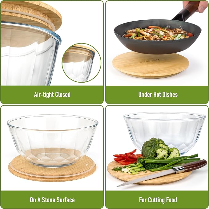Large Stackable Set of 5 Nesting Glass Bowls with Bamboo Lids for Foodprep, Storage, Baking, Sourdough Mixing & Cooking. Microwave & Oven Safe Heat Resistant Inert Borosilicate Glass - Image 4