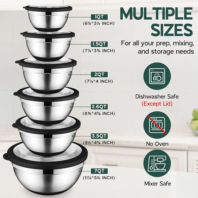 Onader Mixing Bowls with Lids Set of 6 for Kitchen, Stainless Steel Metal Nesting Bowls with Non-Slip Bottom Black - Size 1, 1.5, 2, 2.6, 3.5, 7QT - Image 3