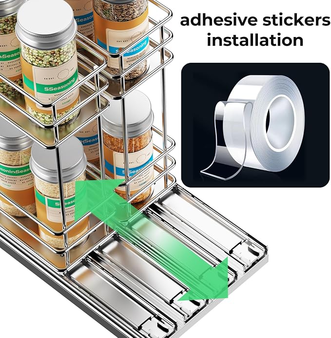 Mystozer Pull Out Spice Rack Organizer for Cabinet, Slide Out Spice Racks, Easy to Install Spice Cabinet Organizers, 5.28" Wx10.43 Dx8.26 H, 2 Drawers 2 Tiers(Silver) - Image 5