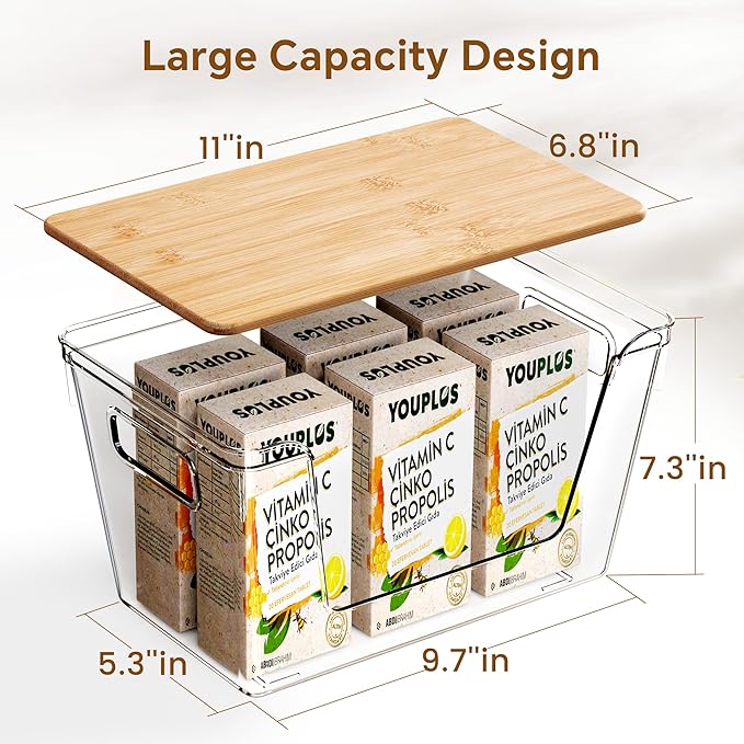 2 Set Pantry Organizers and Storage with Bamboo Lids, Stackable Clear Bins for Onion, Potato, Fruit, Vegetables, Trash Bag Dispenser, Kitchen and Under Sink Organizer - Image 2