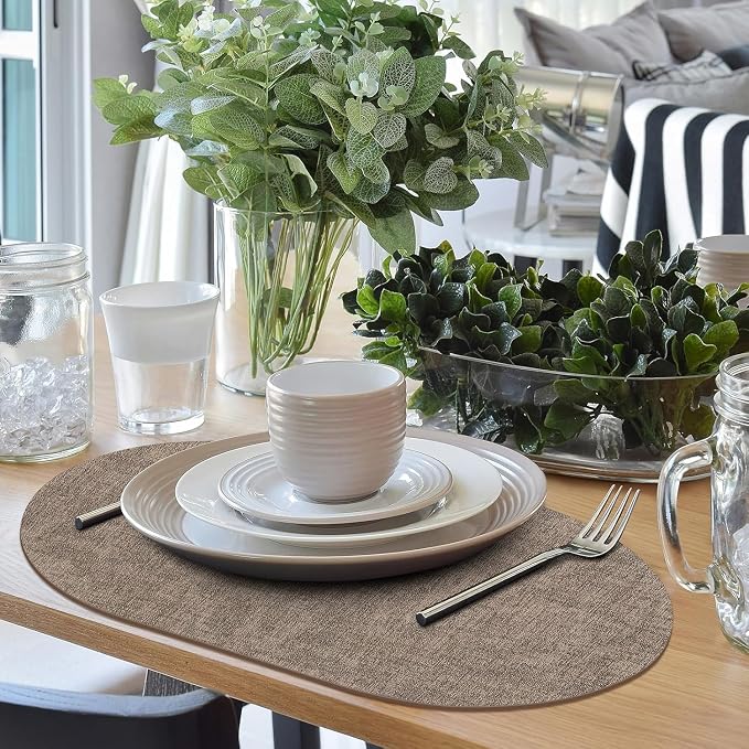 Placemats Set of 12-17" x 11.8" Waterproof & Heat Resistant Oval Place Mats, Wipeable Washable Double Layer Faux Leather Table Mats, Dark Brown - Image 5