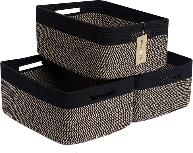 MiniArk Large Storage Baskets for Shelves, 17 x 13 x 7.5” Closet Organizers Bins for Clothes Blanket Towels, Baby Nursery, Toy Baskets Box, Woven Rope Baskets, 3 Packs Woven Brown by MiniArkStorageBasketsHome