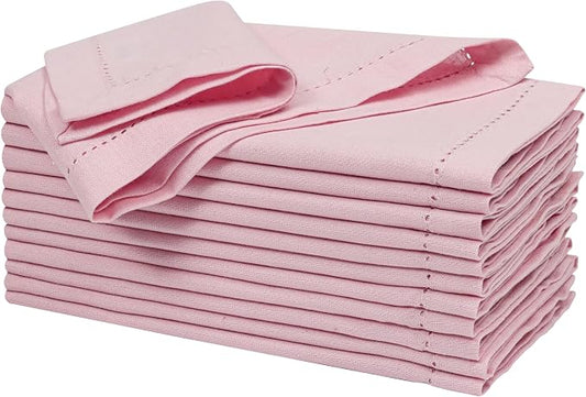 Ramanta Home Pink Cloth Napkins Set of 12-18x18 Inches | Washable Cotton Linen Flax Hemstitched Napkins for Everyday Use by RamantaHome