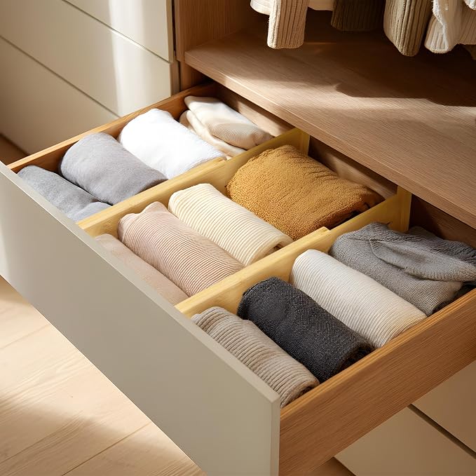VaeFae 6 Pack Bamboo Drawer Dividers, 4" High Adjustable 11.9-17.1" Clothes Drawer Organizers, Expandable Separators for Bedroom/Bathroom/Kitchen/Office Storage - Image 3