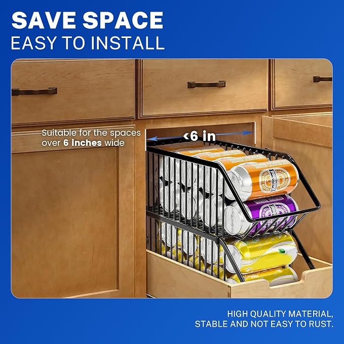 Stackable Soda Can Organizer Rack, Stacking Can Dispensers Refrigerator Organizer Bins Pop Soda Dispenser Canned For Fridge, Freezer, Kitchen, Cabinets (Black, 6) - Image 7