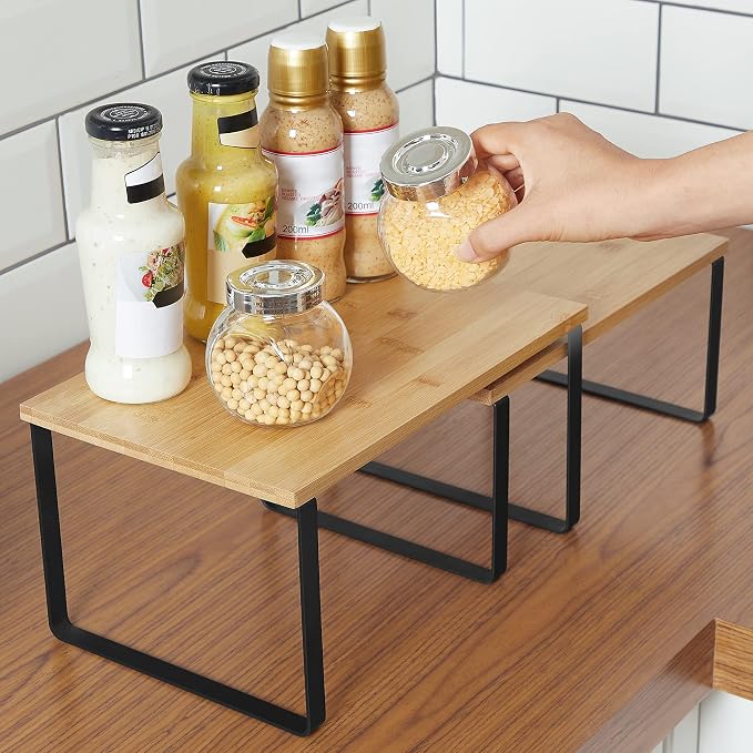 SONGMICS Set of 6 Cabinet Organizers, Shelf Organizers, Kitchen Organization, Kitchen Organizers and storage, Metal and Bamboo, Black and Natural UKCS02NB and UKCS10NB - Image 8