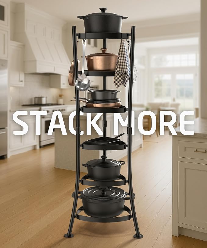 KES 264 Lbs Capacity Freestanding Pot Rack, 6-Tier Cast Iron Cookware Stand with 6 Hooks, Pots and Pans Storage Tower for Kitchen, Stable Base, Anti-tip Strap & Floor Protectors Black, KUR531S6-BK - Image 2
