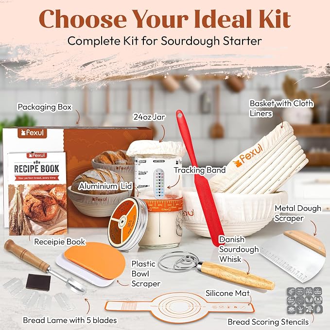 Sourdough Starter Kit with 9” Round & 10” Oval Banneton Bread Proofing Baskets, 24oz Starter Jar, Recipe Book & Tools – Complete Sourdough Bread Baking Supplies with Whisk, Scraper & Accessories - Image 2