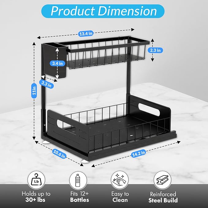 2 Pack Under Sink Organizer, Heavy Duty 2 Tier Slide-Out Storage, Space Saving Cabinet Organizer for Bathroom & Kitchen, Metal Shelf with Brush Holder, Black - Image 2