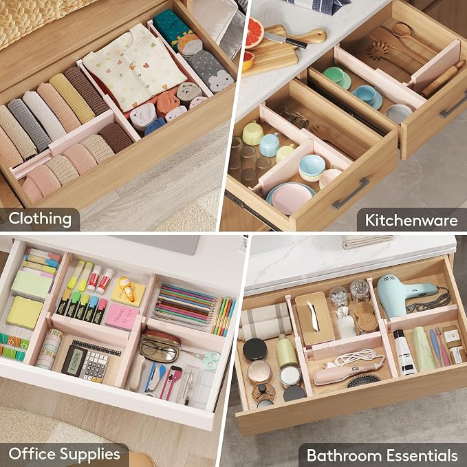Lifewit 9 Pack Drawer Dividers 4" High 28-43.5cm/11-17" Adjustable Drawer Organizer for Clothes/Utensils, Expandable Drawer Separator in Dresser/Kitchen/Bedroom/Office Organization & Storage Pink - Image 8