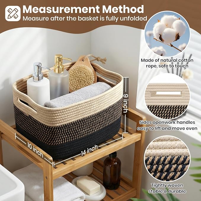 Storage Baskets for Organizing, 14 x 10 x 9” Closet Shelf Woven Baskets, Square Bins with Handles, Cotton Rope Basket for Clothes, Office, Room, Black+Brown 1Pack - Image 2