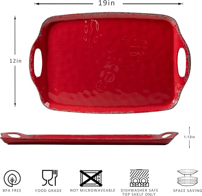 Christmas Large Melamine Serving Tray with Handle, Crackled Rustic Rectangle Melamine Serving Platter for Serving Food, Coffee Table Tray, Entertaining & Party Use, Set of 2, Christmas Red - Image 5