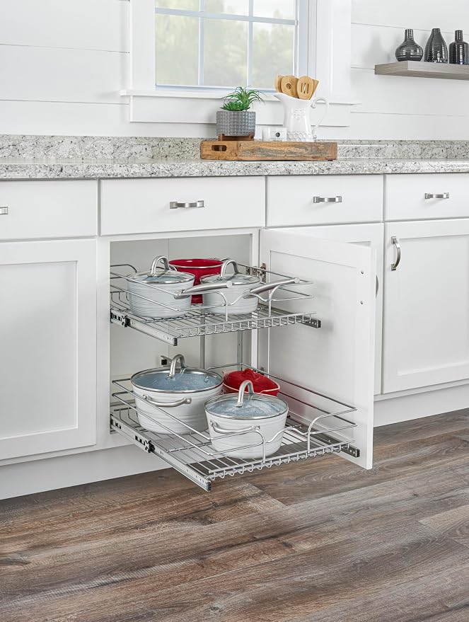 Rev-A-Shelf Pullout Organizer for Cabinets, Min Opening Width of 18" | STwo-Tier Steel Shelf for Kitchen or Vanity Cabinet Organization, Heavy Gauge Wire Slide Out Storage Basket, 5WB2-1822CR-1 - Image 2