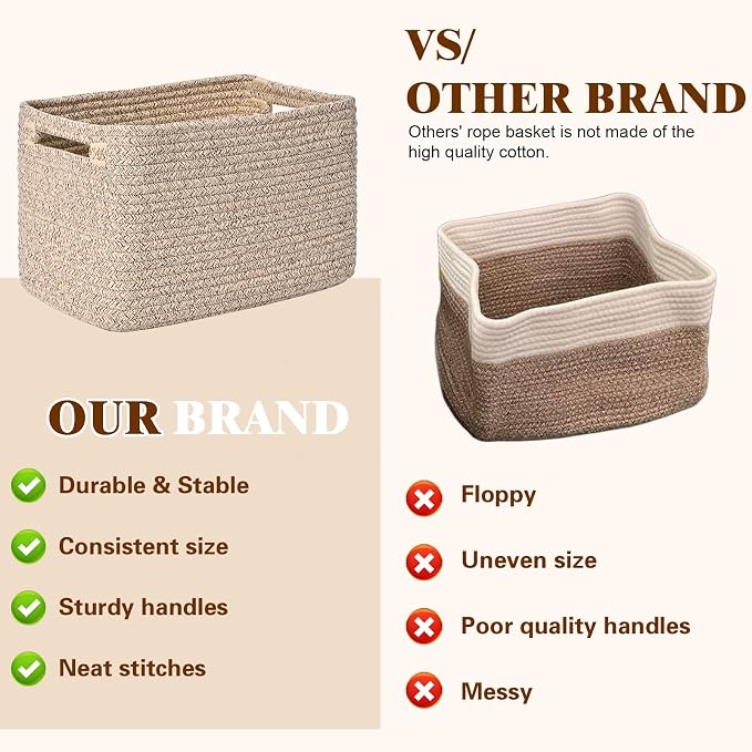 Storage Baskets for Organizing, 4 Pack Baskets for Shelves, Decorative Storage Bins for Shelves, Cotton Rope Storage Basket with Handles, Woven Basket for Storage, 13''Lx8.7''Wx7.9''H, Brown - Image 4