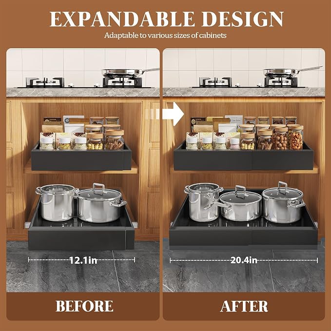 Seinloes 6 Pack Expandable Pull Out Cabinet Organizer 21"Deep With Raising Pad for Framed Cabinets,Upgrade 3 Slide Rails Slide Out Drawers,No Drill Roll Out Shelves,Adjustable Width 12.1"-20.4" Black - Image 4