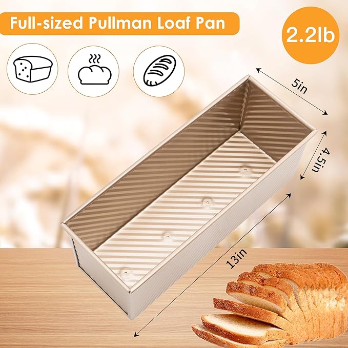 2-pack 2.2lb Aluminized Steel Gold Pullman Loaf Pan with Lid, Premium Non-Stick Coating Bread Pan, PFTE and PFOA-Free, Safe and Healthy Baking for Homemade Bread with Family-sized Recipes - Image 7
