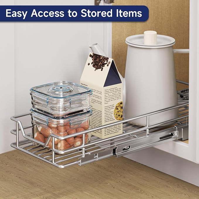 Pull Out Cabinet Organizer, 9" W x 21.5" D, Heavy Duty Chrome Slide Out Shelf for Narrow Base Cabinets, Sliding Wire Basket Drawer for Spices, Bottles, Snacks & Cleaning Supplies - Image 6