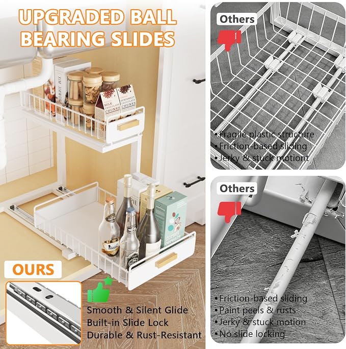 Under Sink Organizer 1 Pack Pull Out Cabinet Organizer with Ball Bearing Sliding Drawer 2 Tier Adjustable Storage Rack Heavy Duty for Kitchen Bathroom White - Image 3