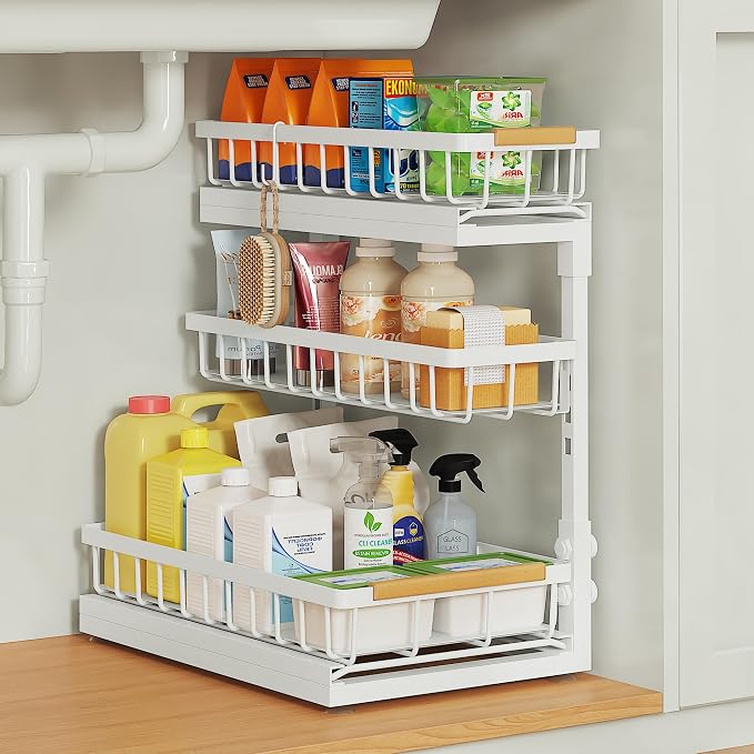 Under Sink Organizer and Storage - 3 Tier Cabinet Pull Out Shelf Organizers | 2 Pack 3 Tier under sink storage for Bathroom and Kitchen - Slide Out Drawer Organization for Home Cabinets Shelve and Drawer by Aekenr