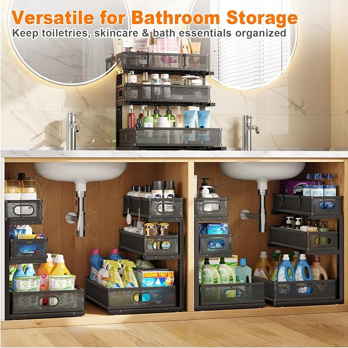 3 Tier Under Sink Organizer,Black Metal Pull Out Kitchen Cabinet Organizers, Slide Out Under Sink Storage Drawers, Undersink Organizer,Bathroom Counter Shelf, Pantry Organization and Storage （2 Pack） - Image 8
